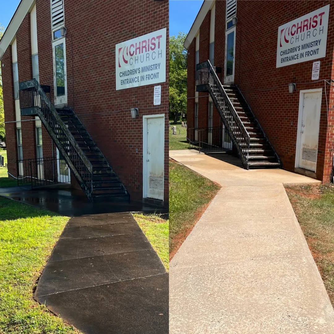 Before and after commercial building access walkway cleaning