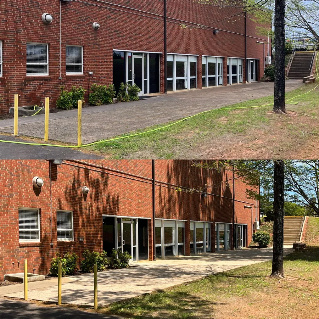 Before and after commercial brick building exterior cleaning