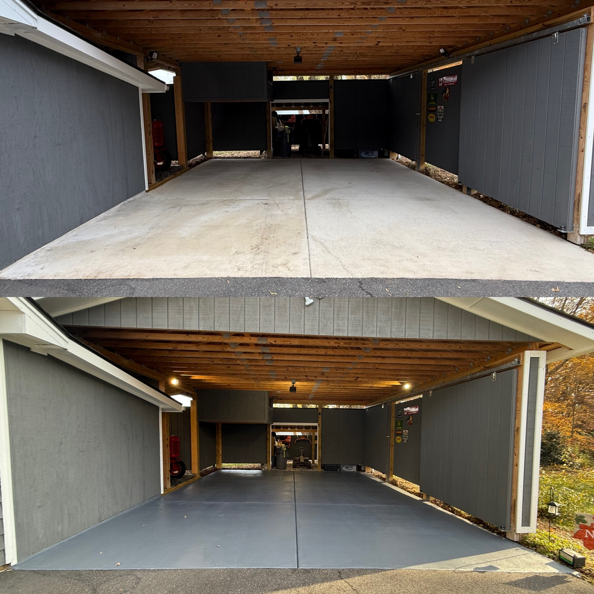 Before and after garage floor and interior finish project