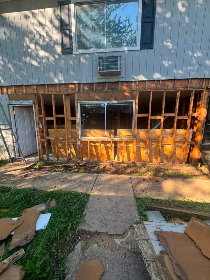Exterior wall stripped to the studs for a remodel