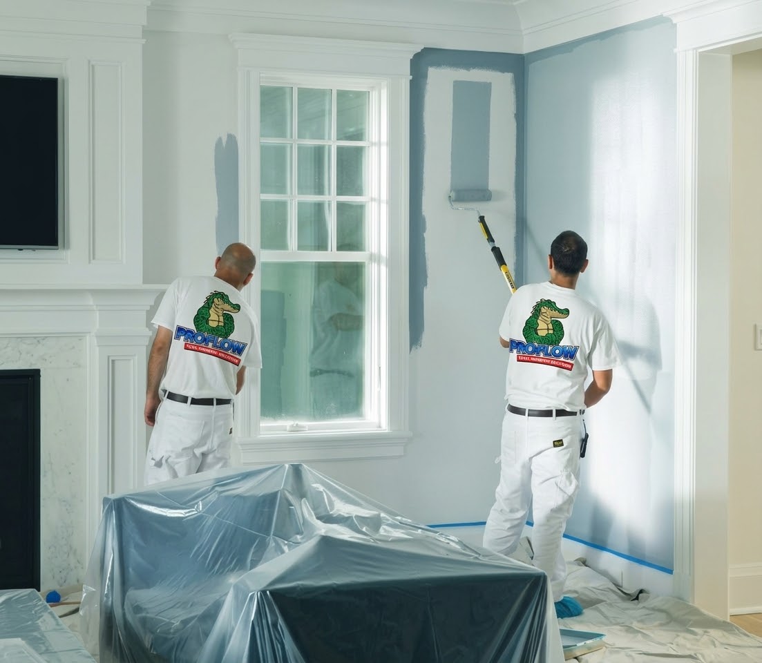 ProFlow crew painting an interior room with a roller