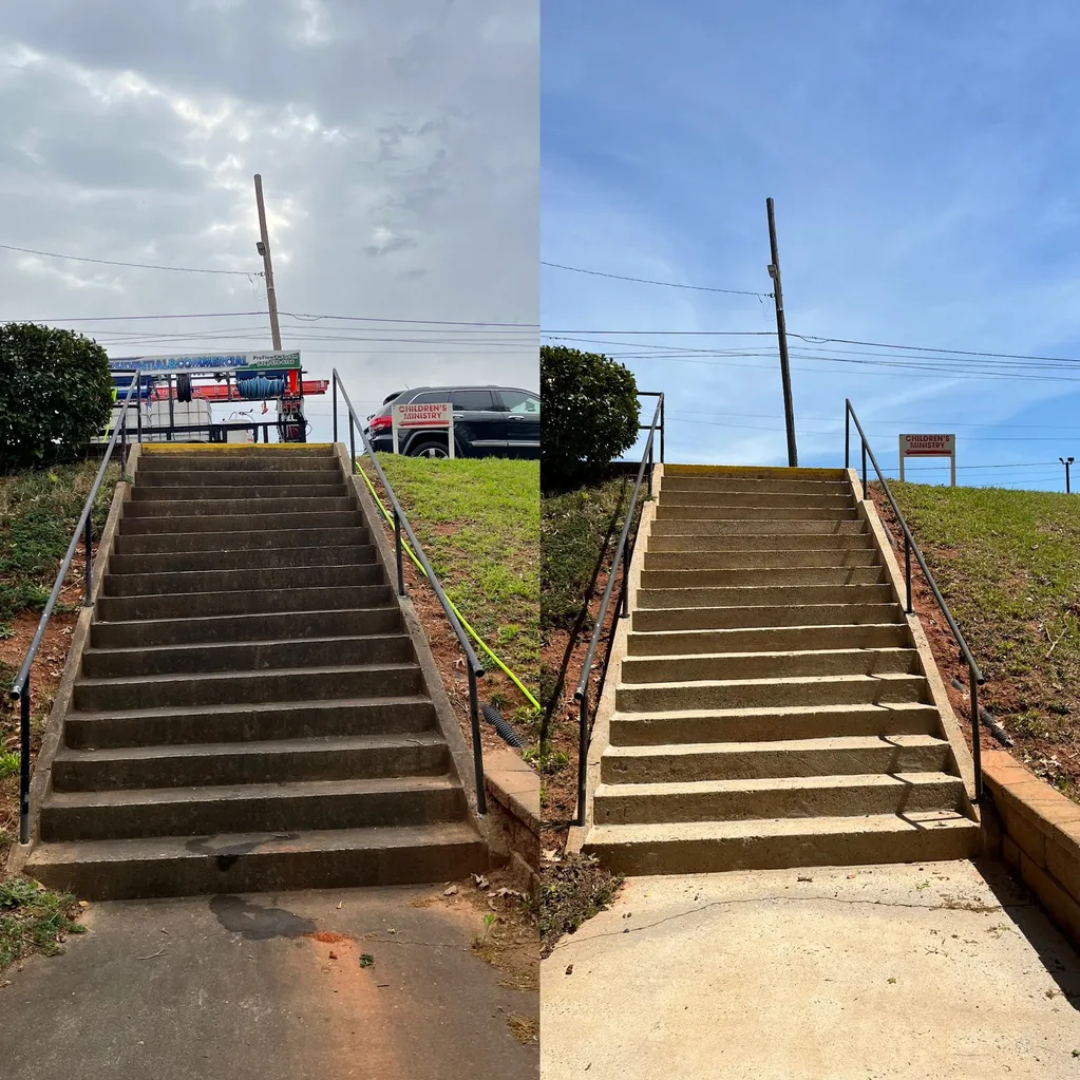 Before and after outdoor commercial stairway cleaning